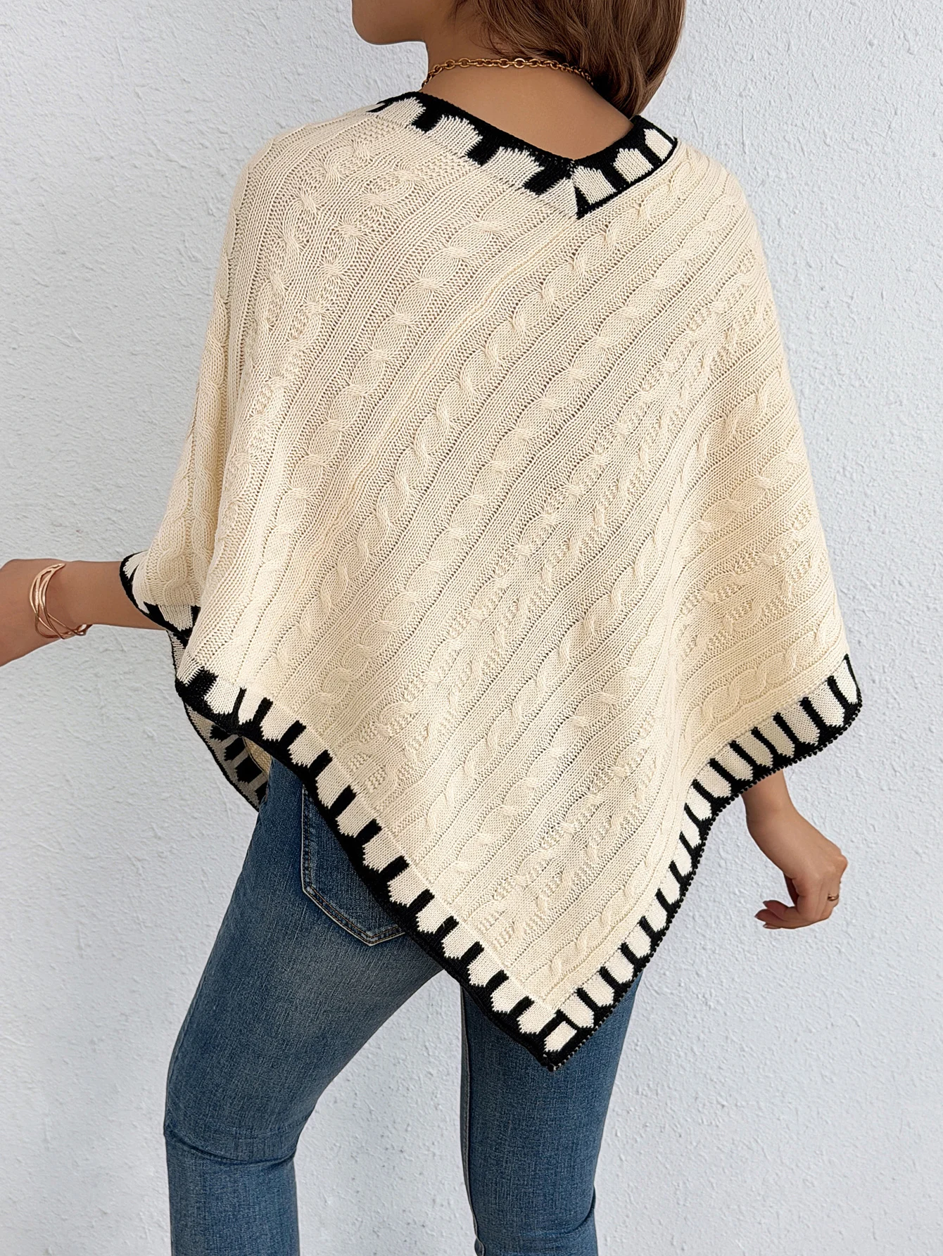 Autumn Winter Casual V Neck Color Block Trim Cable Knitted Poncho Sweater 2026 Fashion Loose Shawl Pullover Women Clothes