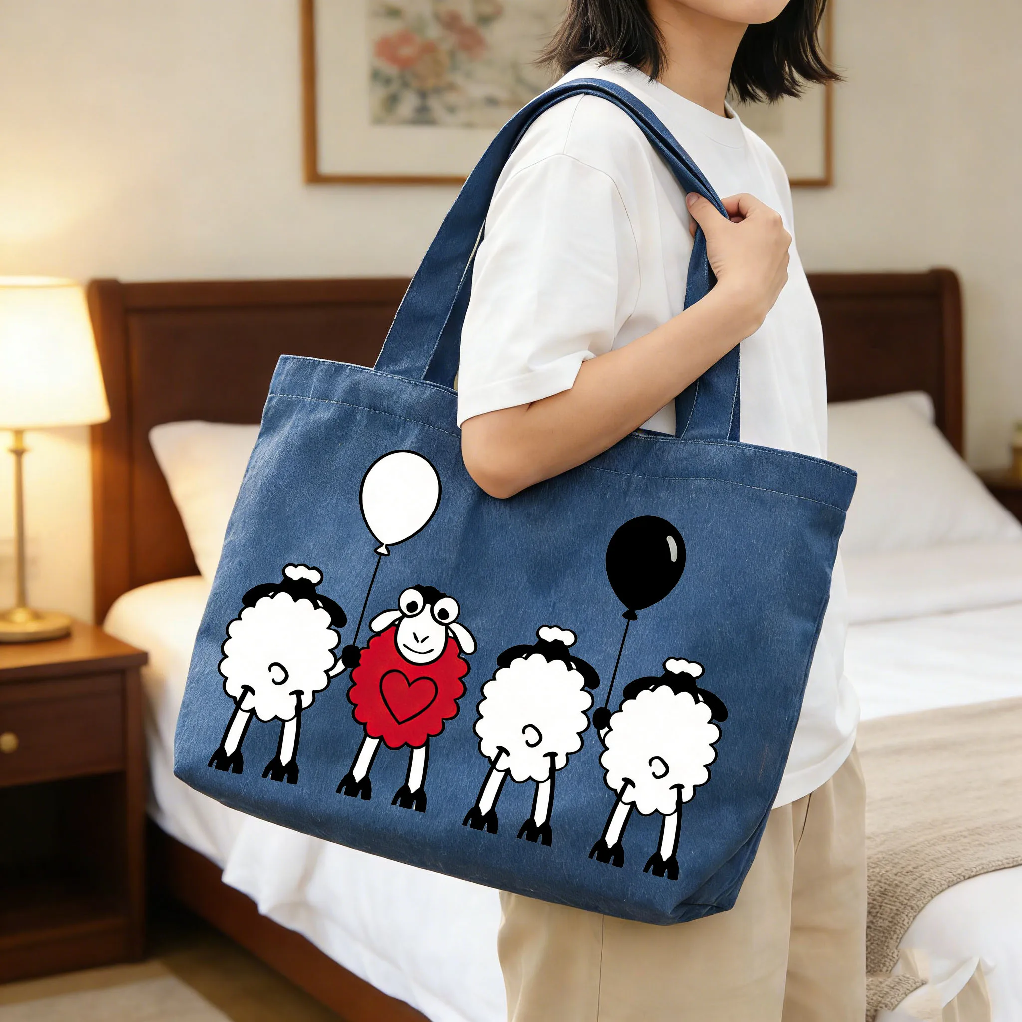 1pc Cute Lamb Cowboy Canvas Shoulder Bag, Washable Large Capacity Handbag, Portable Commuter Slant Backpack