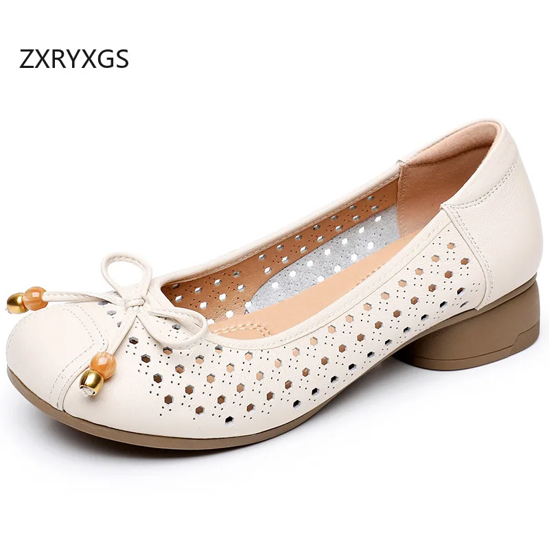 ZXRYXGS Top Cowhide Hollow Shoes Breathable Comfort Low Heel Sandals 2026 New Trendy Bow Beaded Women Summer Sandals Large Size