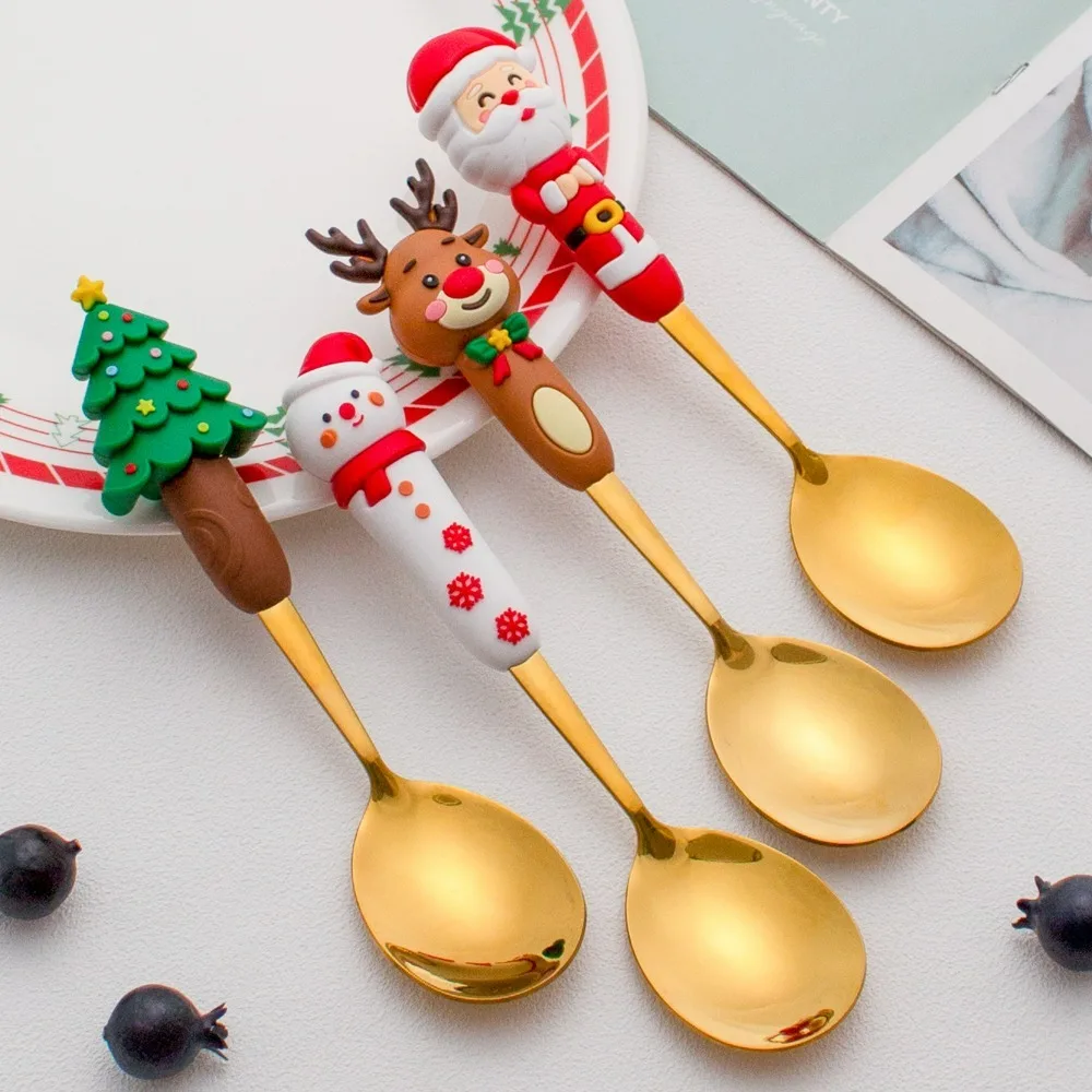 Christmas Party Spoon and Fork Set (2/4Pieces), Stainless Steel Creative Cutlery Set Gold Spoon Fork Decorative Tableware Gifts