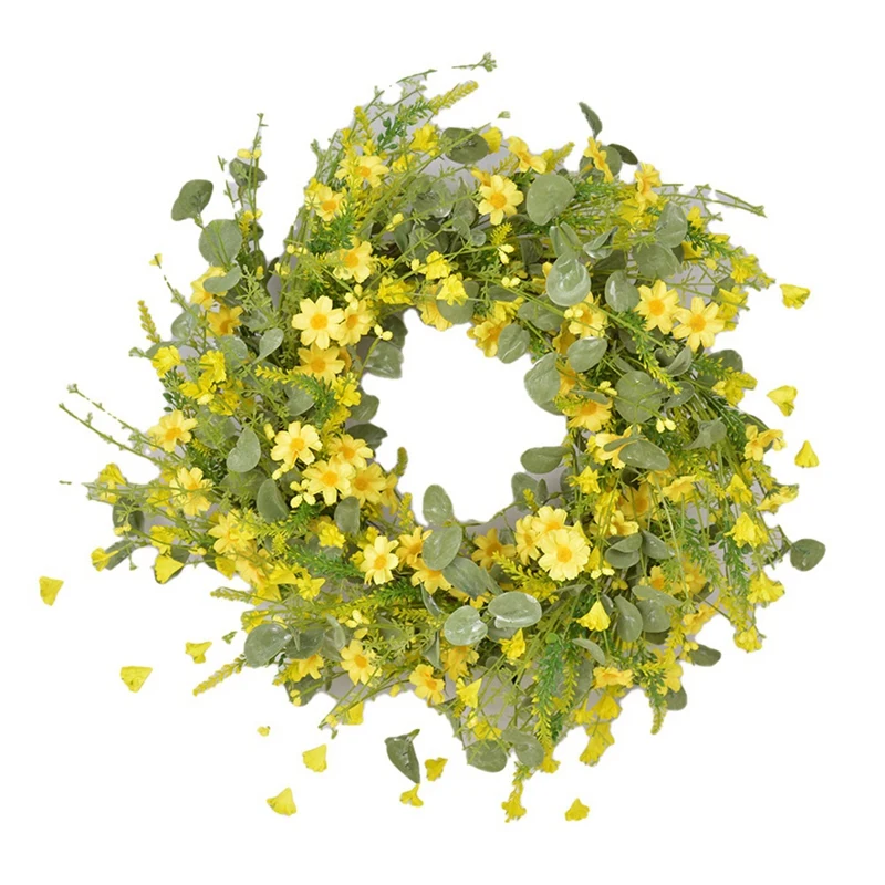 1 Piece Artificial Daisy Flower Spring Wreath With Eucalyptus Green Leaves Wreath 22 Inch For Front Door Wall