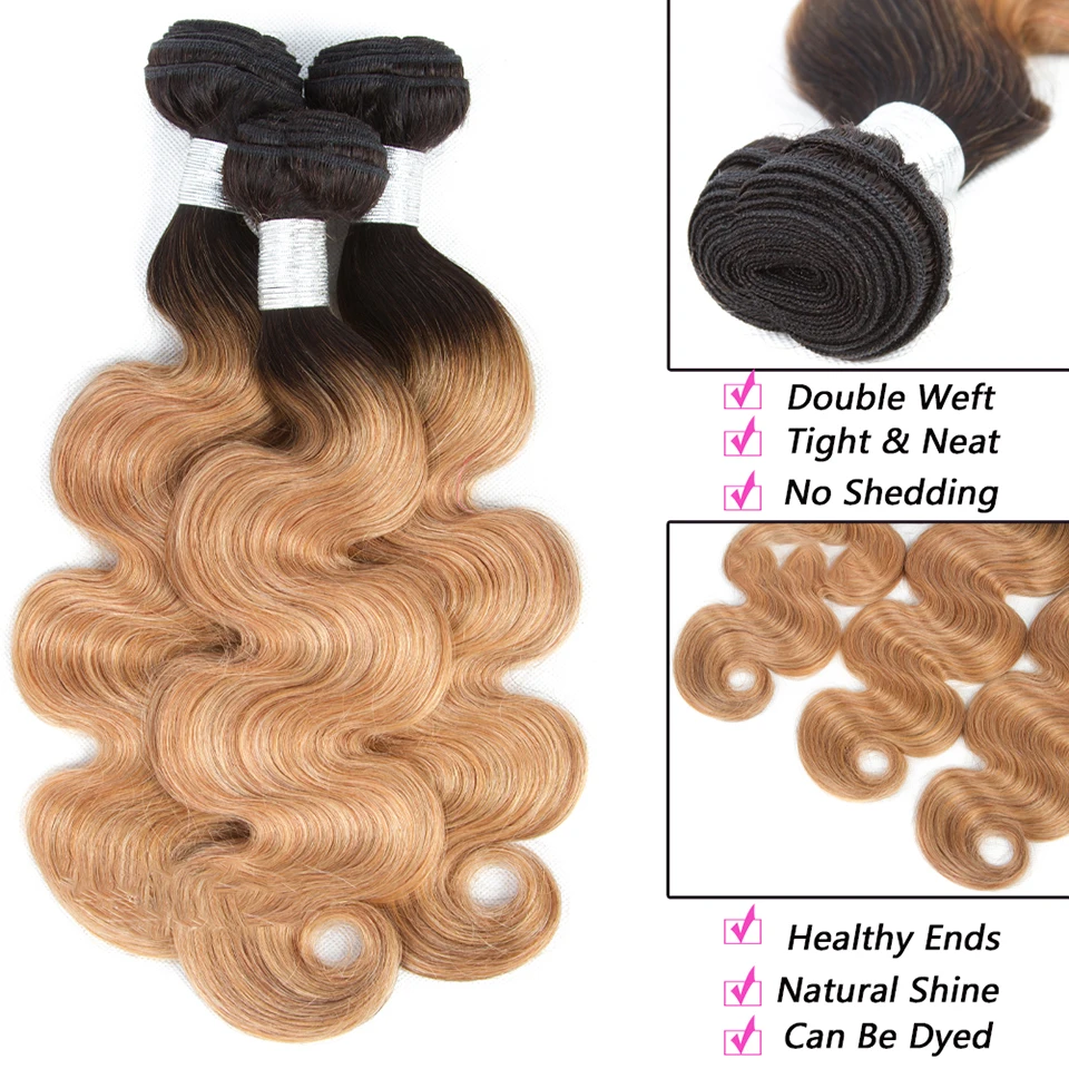 Bundles de vague de corps blond ombré, cheveux bruts non transformés, tissage brésilien, cheveux humains, extensions de cheveux vierges bruns, 3/4