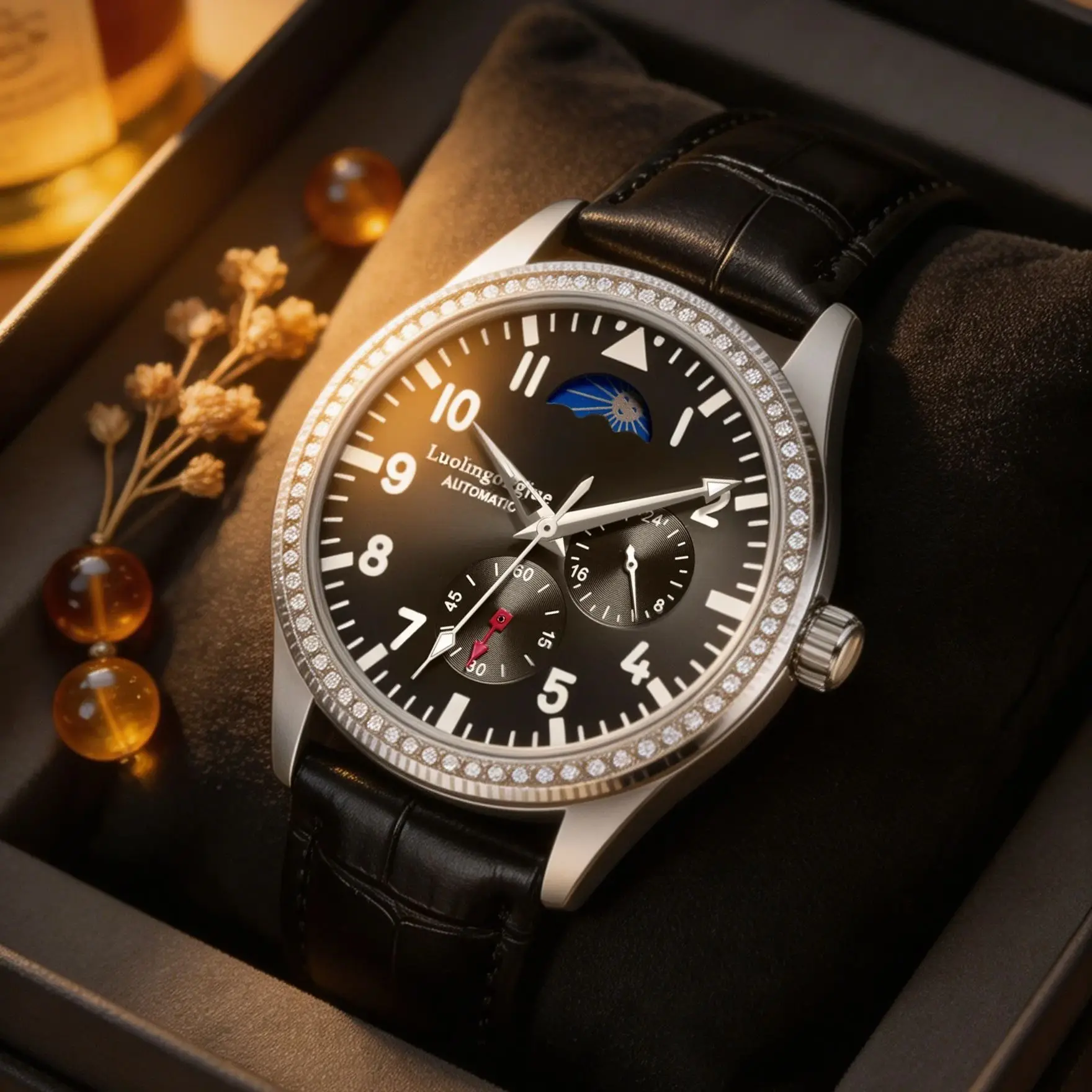 New Men's Mechanical Watch, Automatic Movement, Skeleton Design, Diamond-Encrusted Bezel, Leather Strap, Luminous Waterproof Watch, European and American Style, High Aesthetic Appeal, Business Casual, Versatile and Stylish Men's Watch, Fully Automatic Mechanical Watch, Perfect Gift Choice for Birthdays and Anniversaries