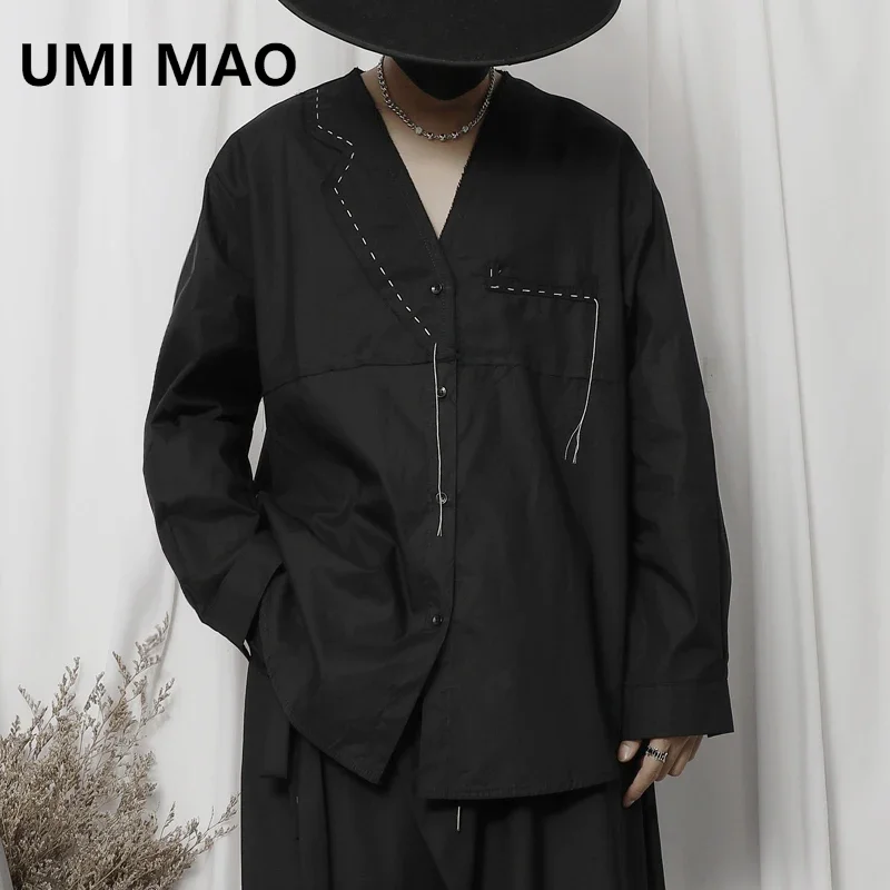 UMI MAO Han Edition Top Abstinence Spring New Men's Casual Shirt Black Stitching V-neck Burrs Loose Long-Sleeved Shirt