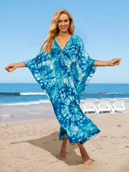 Artystyczna sukienka plażowa Plus Size letnie Bikini zakrywające luźne Kaftan 2024 damski strój plażowy narzuta na kostium kąpielowy Q1297