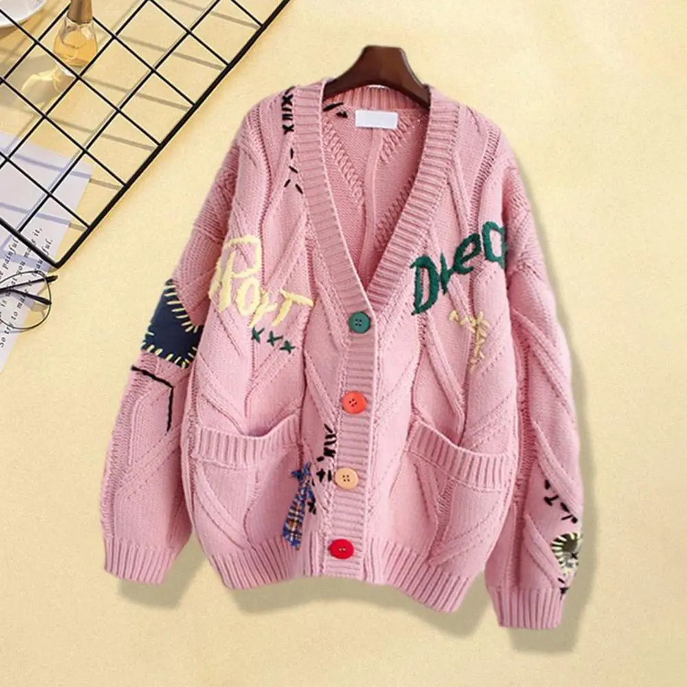 Fashion Knitted Coat Long Sleeves Breathable Autumn Winter Embroidery Letter Pattern Buttons Placket Sweater Cardigan