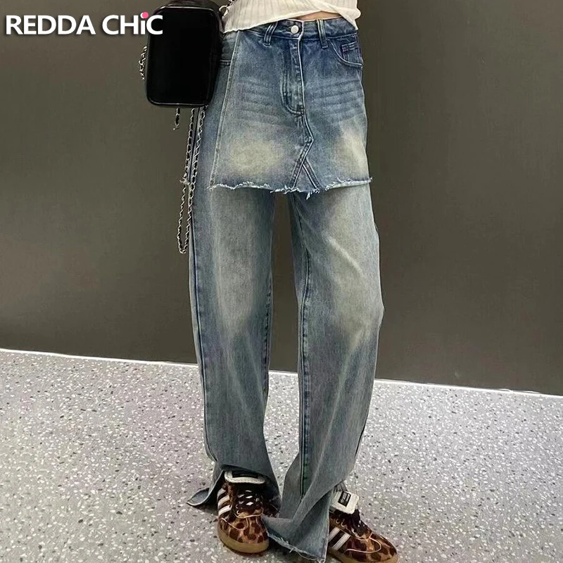 

PBAP Wrap Skirt Wide Leg Jeans Distressed Trendy Fake Two-piece Side Slit Raw Edge High Waist Denim Pants Korean Women Clothes