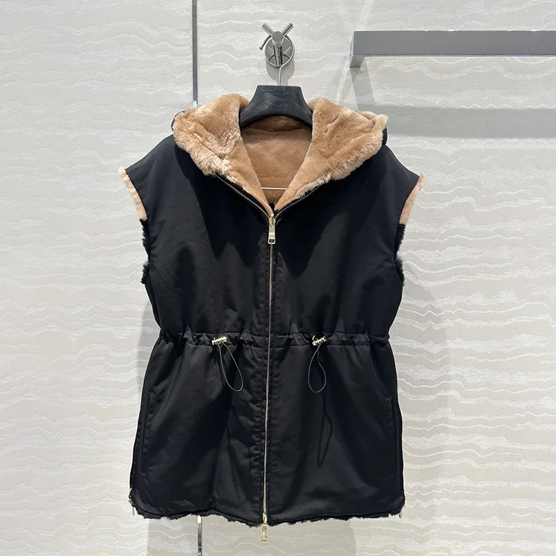 P-A* 2024AW Top Fur Vintage Reversible Vest Jacket Women Cashmere Patchwork Classy Hoodie Coats Luxury Y2k Women's Clothing