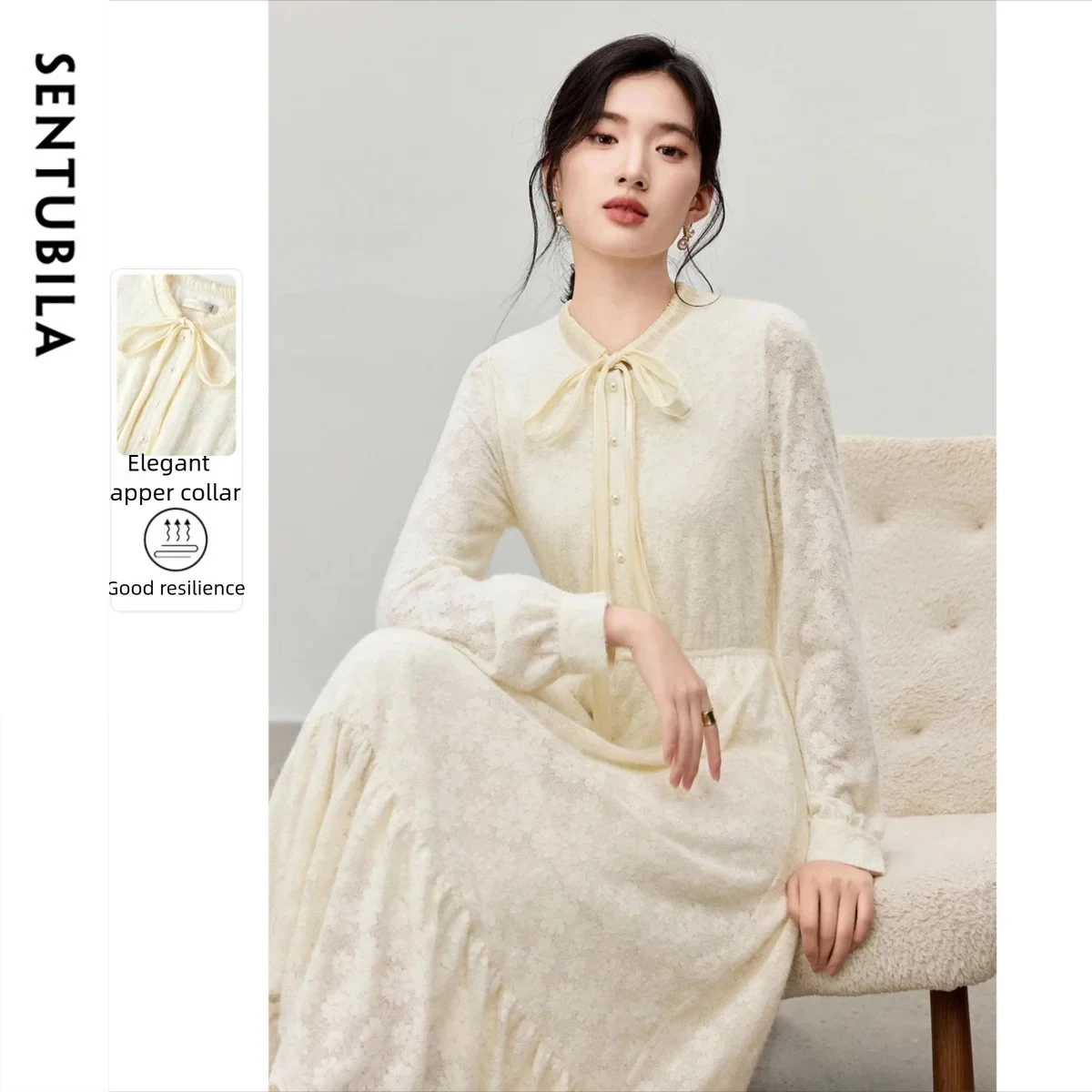 

SENTUBILA Women's Lace Dress 2025 Autumn Elegant Commuter Pearl Buckle Floral Polished Lace Long Dress Ladies Clothes 153LA3087