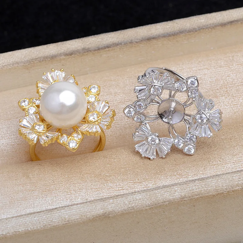 925 Sterling Silver Adjustable Finger Ring Mountings Base Setting Findings Jewelry Accessories Components for 12-14mm Pearls