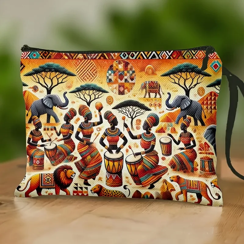 African Tribal Print Makeup Bag & Toiletry Pouch - Lightweight Travel Wristlet with Zipper Closure, Tribal Patterns Suitable for