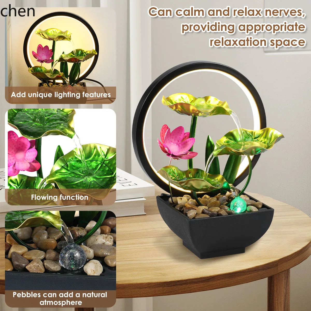 HT Tabletop Fountain 3-Tiers Lotus Leaf Small Waterfall Fountains Indoor Water Fountain with Rocks and LED Ring Lights for Home