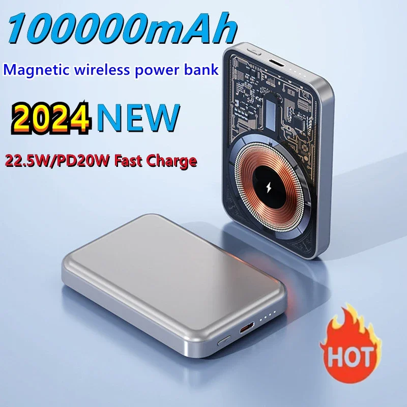 

100000mAh Mini Power Bank Macsafe Wireless Spare Battery Portable Type C Fast Charger Powerbank for Iphone Samsung Xiaomi