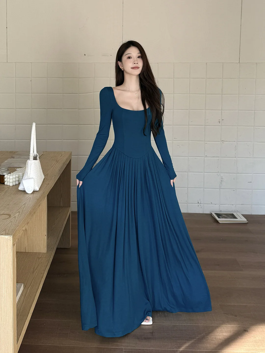 Retro Minimalist Blue Square Neck Long Sleeve Dress Women Spring Elastic Waist Slim A-line Korean Casual Trend Bottoming Dresses