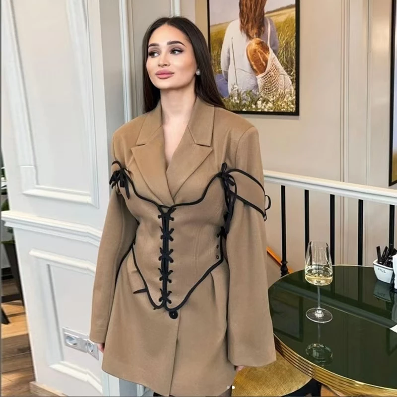 Autumn Faion Women's Long Sve Suit Coat And Waist Belt Two-Piece Set Woolen Material Stand Collar Ele Sle