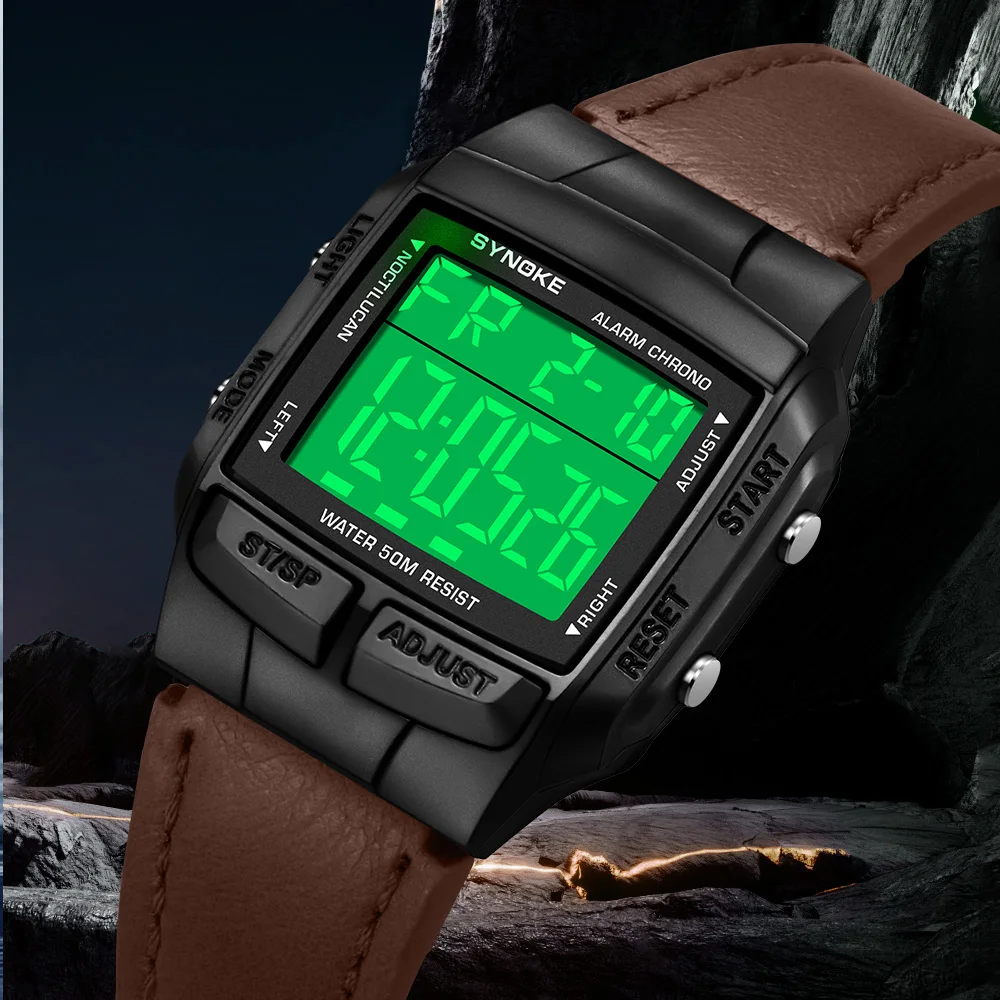 SYNOKE Multifunctional Waterproof  Luminous LED Digital Watch PU Leather For Men Retro Fashion Belt Watch Men Outdoor Sports