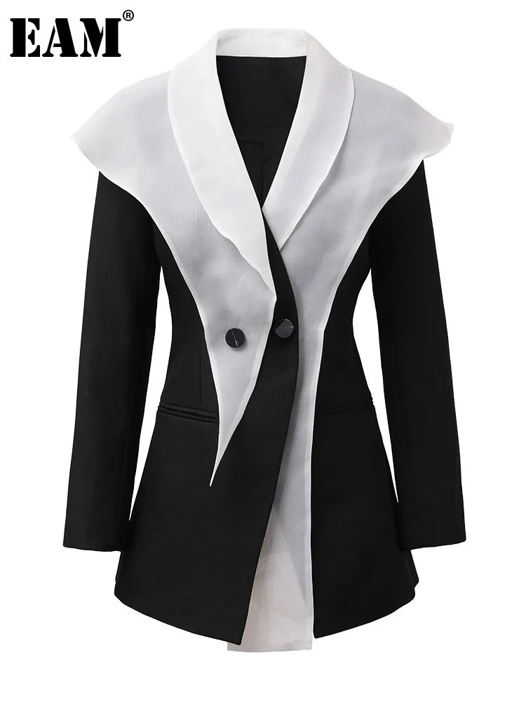 

[EAM] Women White Black Color-block Chiffon Elegant Blazer New Lapel Long Sleeve Jacket Fashion Tide Spring Autumn 2024 CPDB137