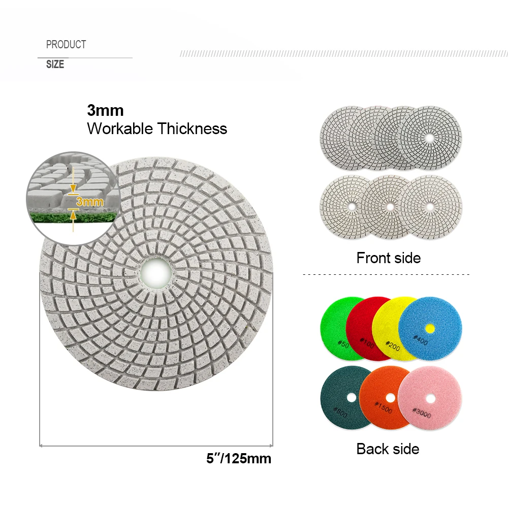 Shdiatool-石用の柔軟な研磨パッド,5 "/125mm #50,白,ボンド,スパイラルタイプ,6個