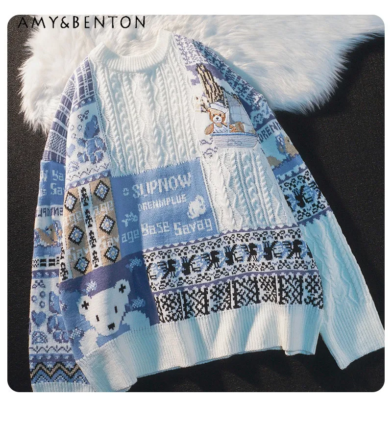 

2025 Autumn Winter New Blue Bear Print Round Neck Long Sleeve Loose Casual Daily Thin Soft Comfortable Knitted Sweater