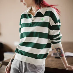 Maden Retro Classic White and Green Color Blocking Striped Polo Shirt for Women Autumn Long-sleeved T-shirt Loose Casual Tops