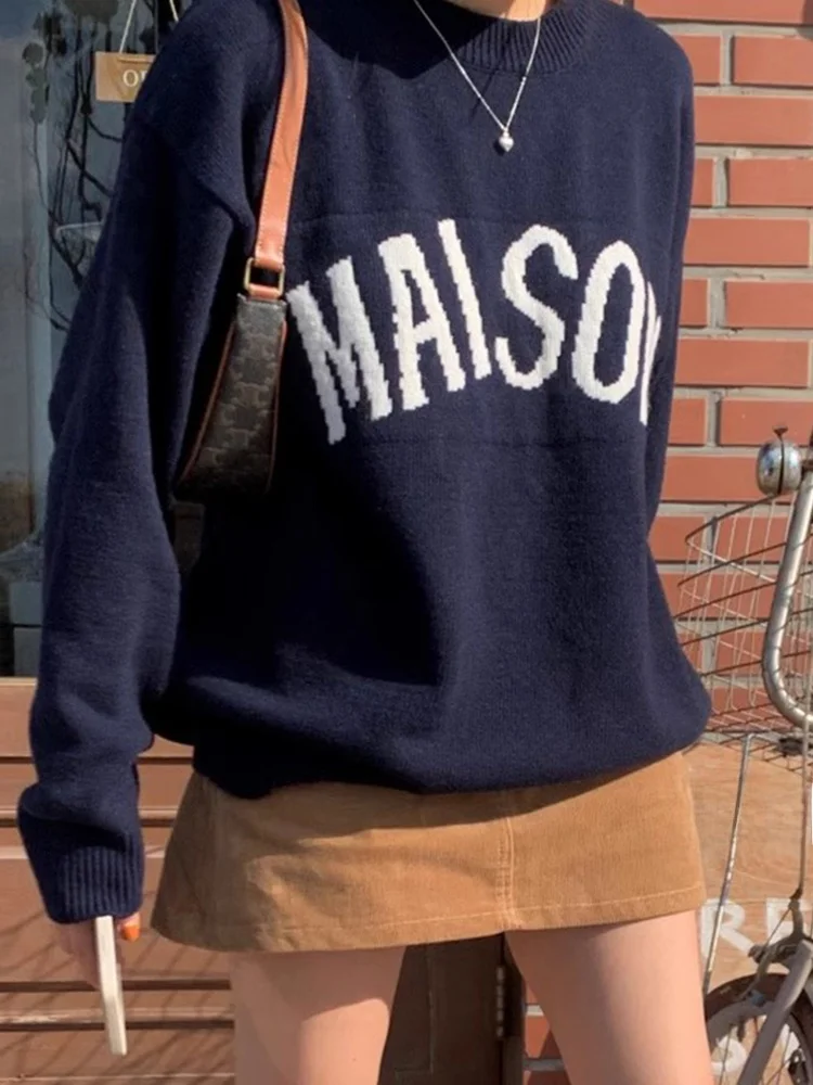 Chic automne hiver paresseux Sle rond Ne lettre imprimer ample décontracté tricoté Long Sve femmes pull confortable respirant