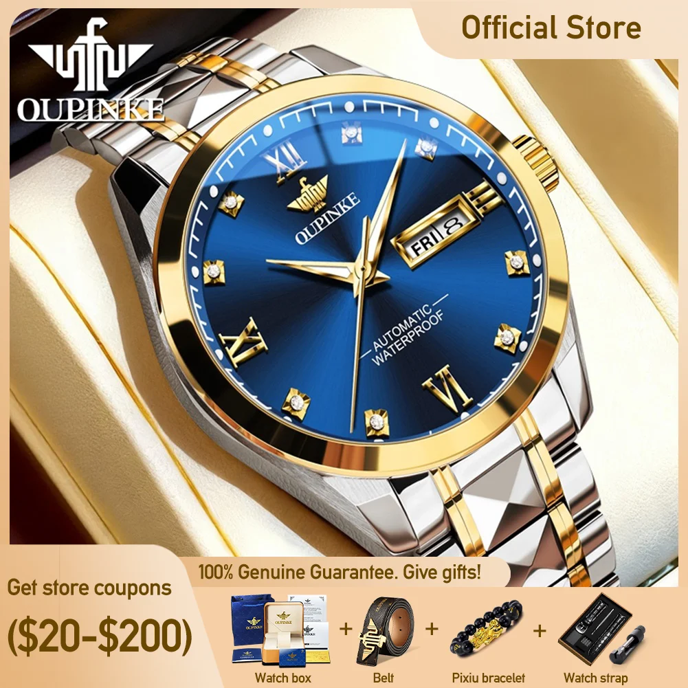 

OUPINKE 3262 Men Watch Classics Dual Calendar Display Dial Diamond Roman Scale Timekeeping Imported Movement Automatic Watch