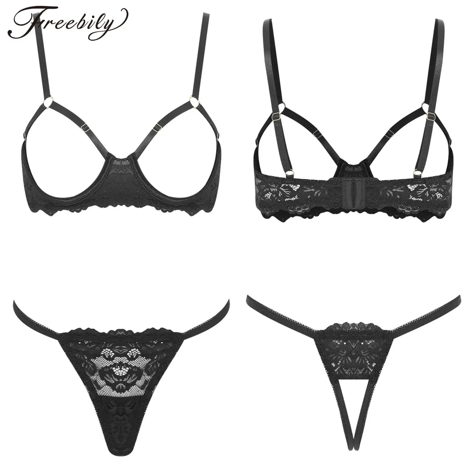 

Women Sexy Hollow Out Lace Lingerie Set Open Cup Underwire Push Up Bra with T-back Thong Honeymoon Date Couple Game Nightwear