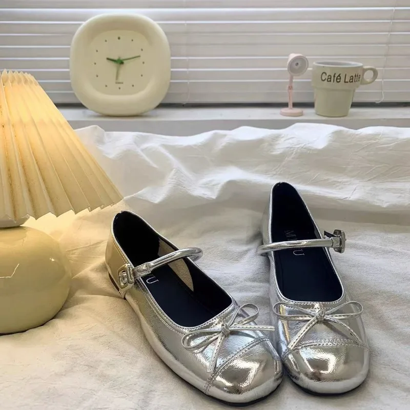 Girls Silver Princess Leather Shoes Bow and Buckle Strap - Elegant Big Shoe for Girls Bow Detail Dressy Flats Anti Slip Comfort
