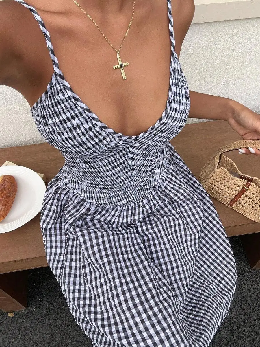 

Retro Plaid Spaghetti Strap Fitted Bodice Shirred Flared Skirt Summer Casual Beach Dress