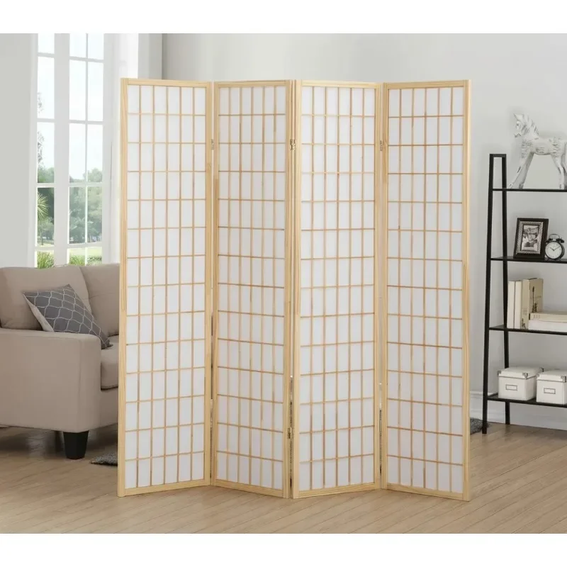 مقسم غرفة شاشة شوجي ياباني مكون من 4 ألواح إطار من الخشب الطبيعي قسم منزلق
