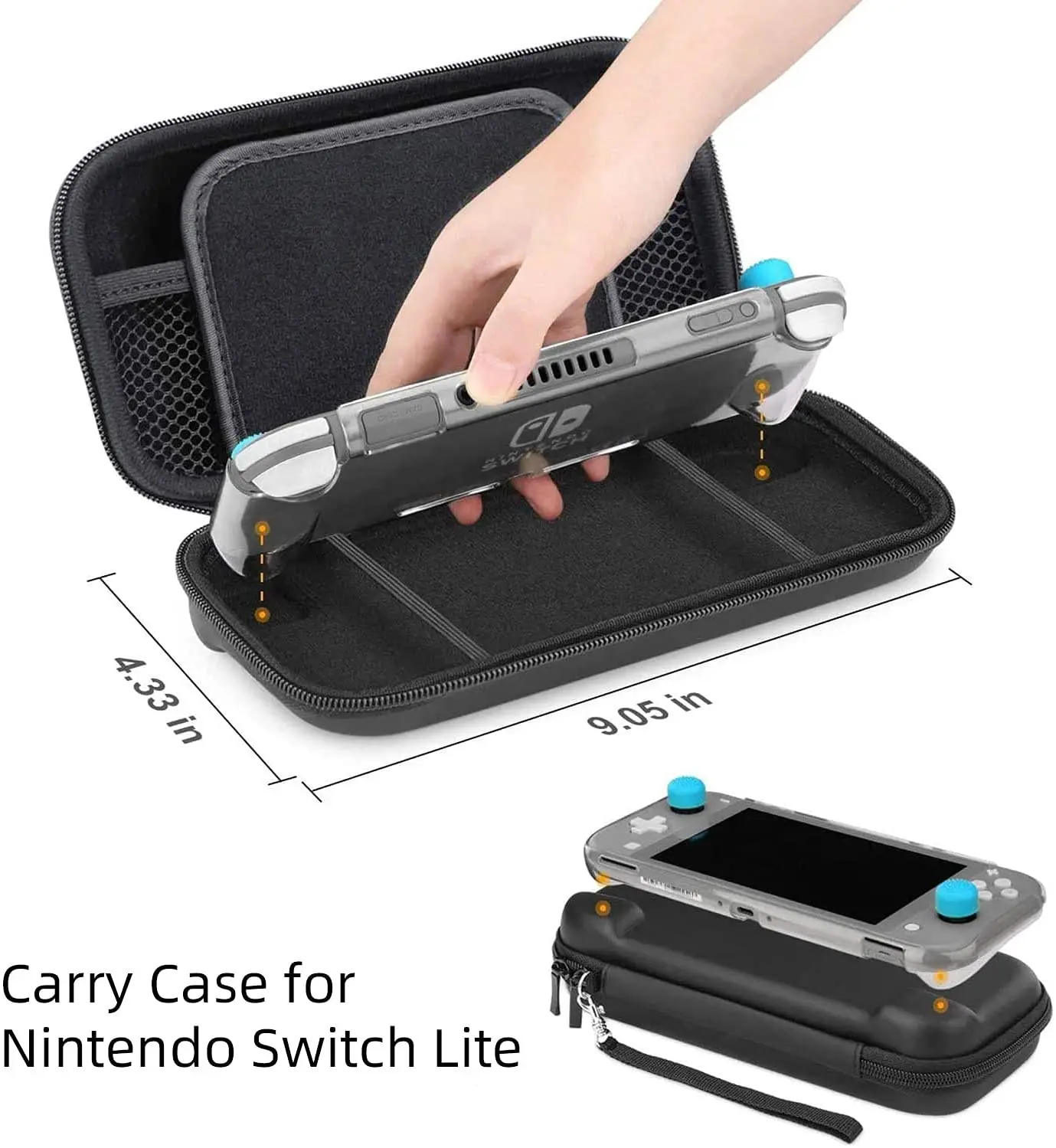 HEYSTOP Compatible with Nintendo Switch Lite Carrying Case with Accessories Kit,Tempered Glass Screen Protector 6 Thumb Grip Cap