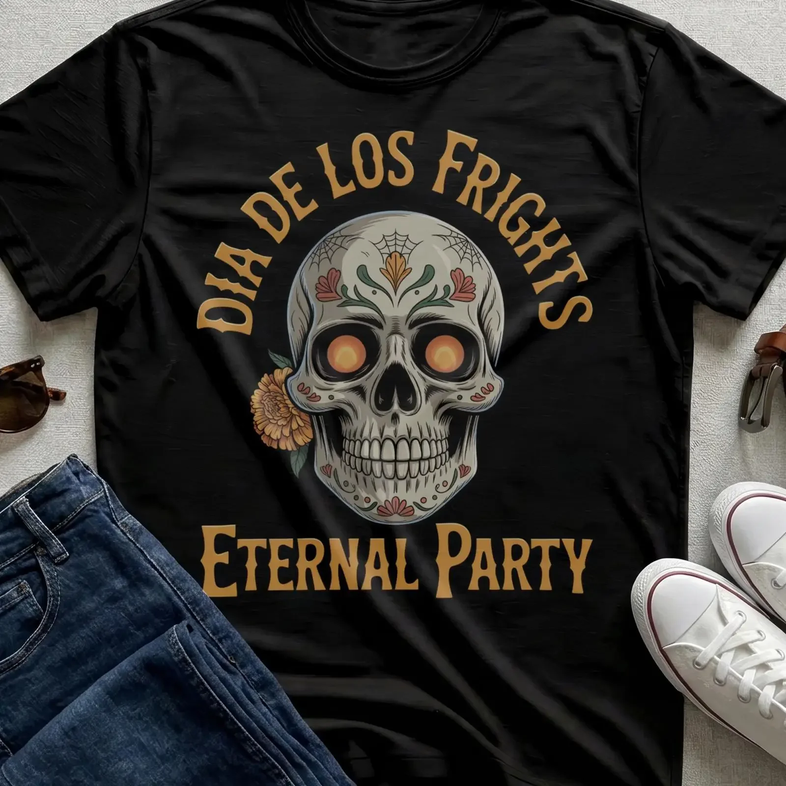 Dia De Los Frights Sugar Skull T Shirt Halloween Calavera Floral Art Apparel vintage Washed Comfortable Soft homme Stretched
