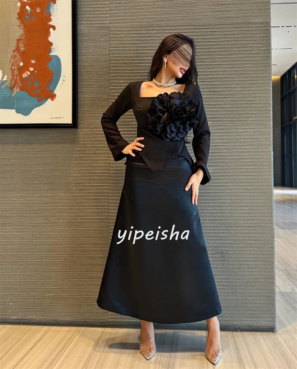 Jersey bunga Ruched selebriti A-line leher persegi Bespoke gaun acara gaun Midi