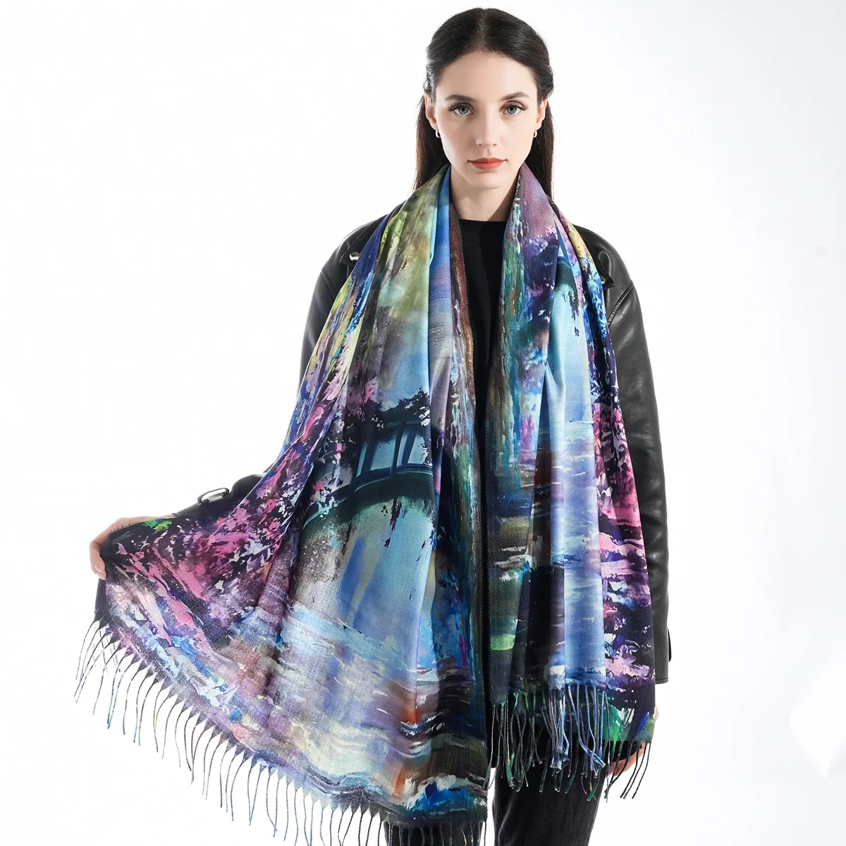 A women\'s multi-color imitation cashmere oil painting style digitally printed long tassel scarf and shawl