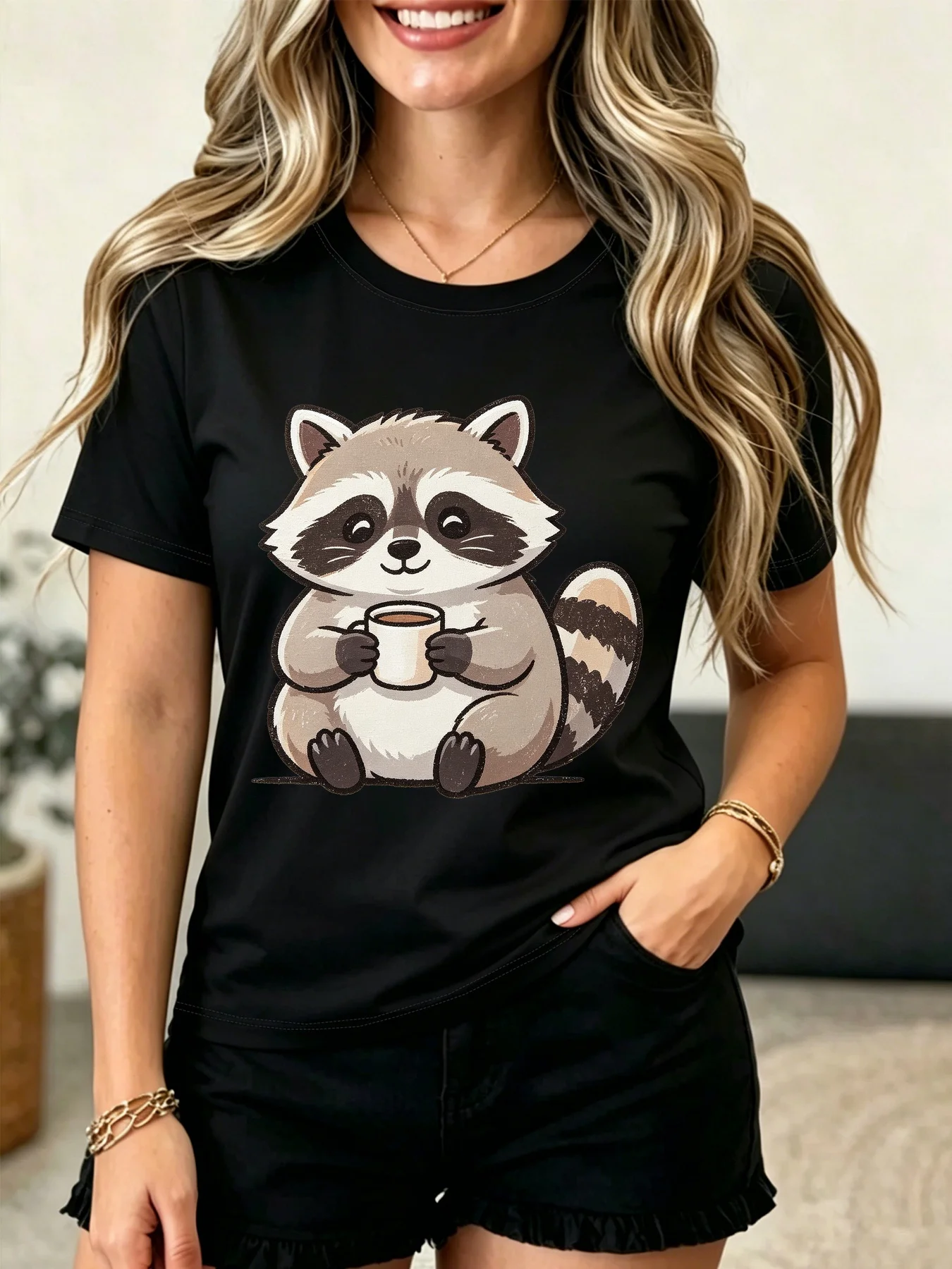 Women Crew Neck Tee Cute Cartoon Raccoon Holding Coffee Cup Graphic Print Short Sleeve Loose Ladies Cotton Plus Size Casual Top