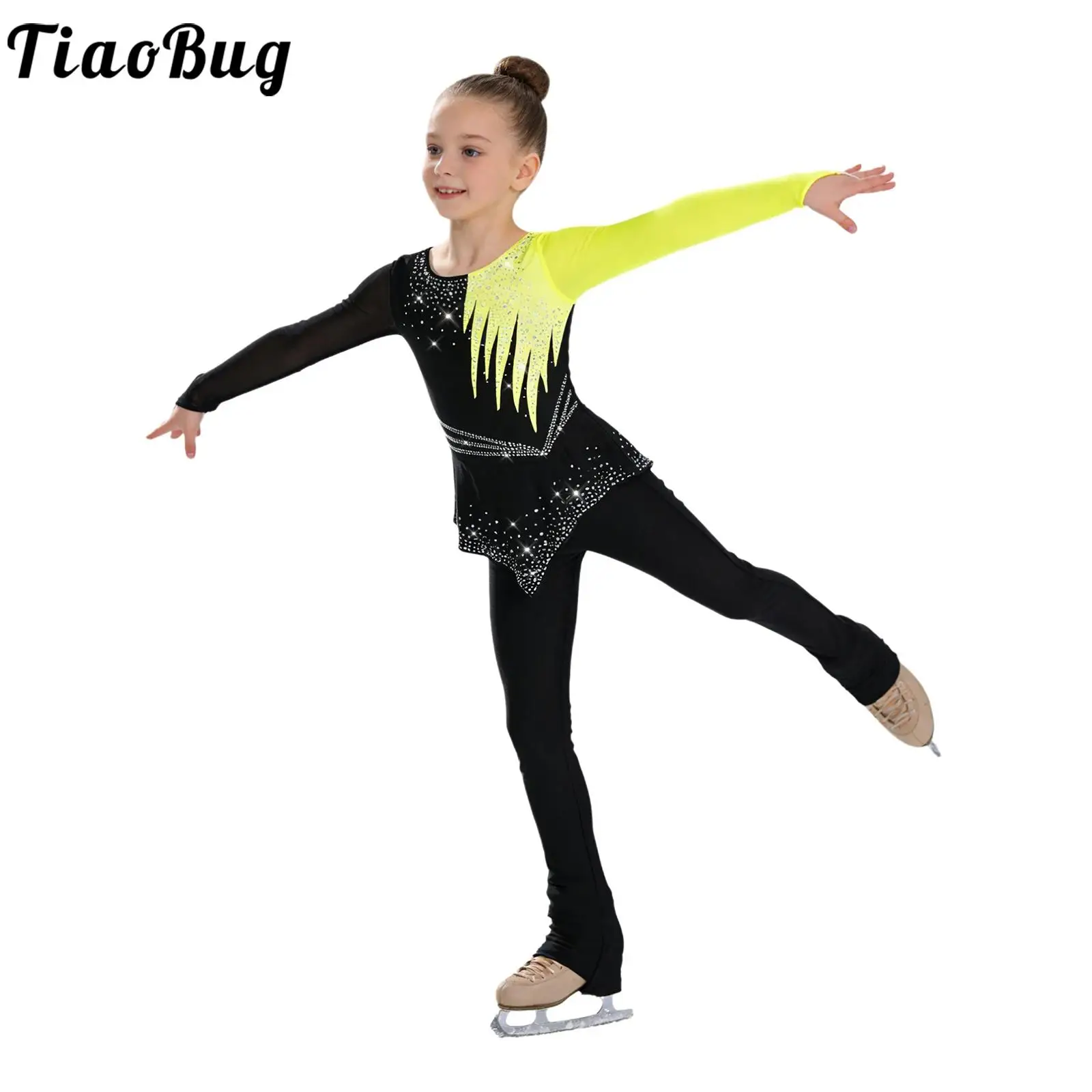 

Kids Girls Figure Skating Jumpsuit Gymnastic Lyrical Costumes Finger Holes Long Sleeve Rhinestones Asymmetrical Peplum Bodysuit