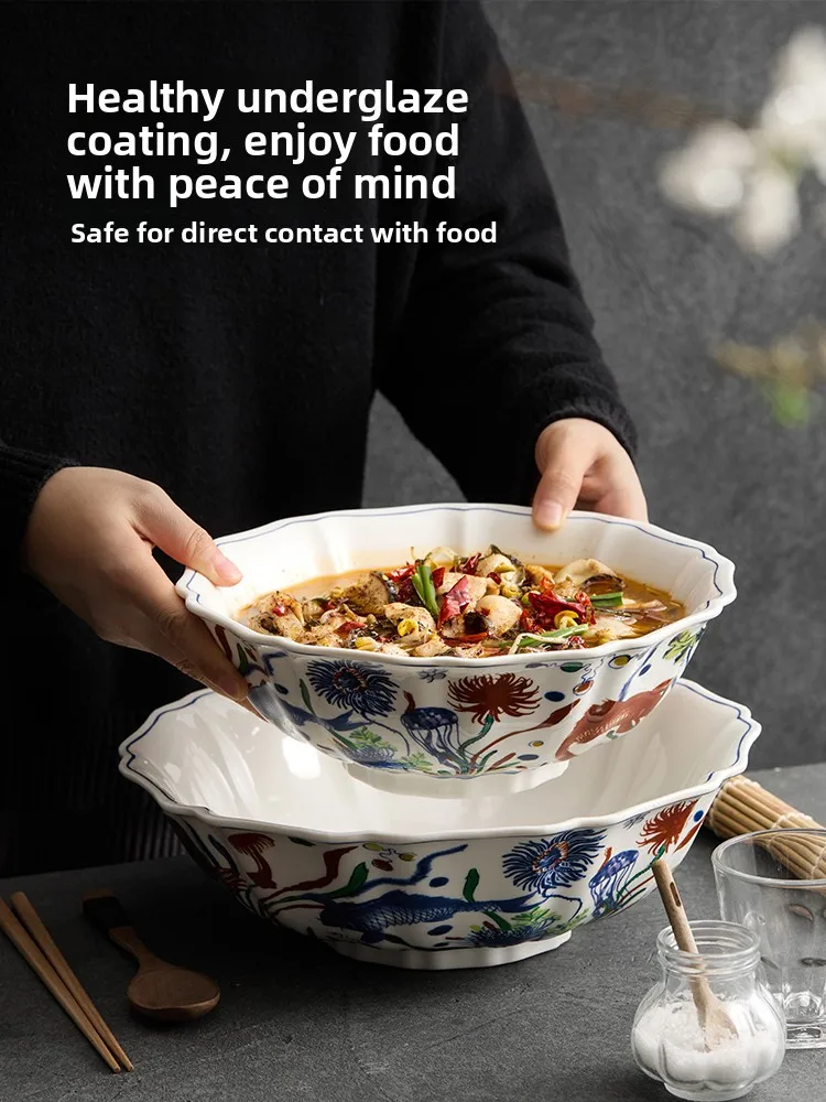 

Elegant Chinese Style Large Ceramic Bowl Thickened Underglaze Porcelain Soup Bowl for Home Use High Aesthetic Value
