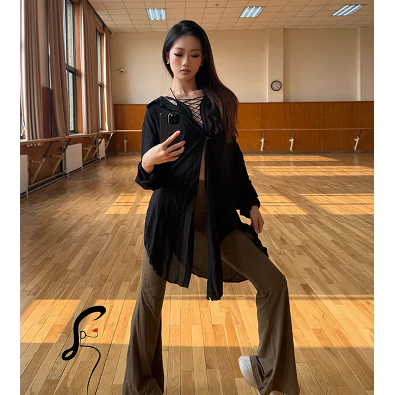 

New Women Latin Dance Clothes Black Mesh Cardigan Soft Flared Pants Adult Latin Rumba Ballroom Dance Practice Clothing DNV22182