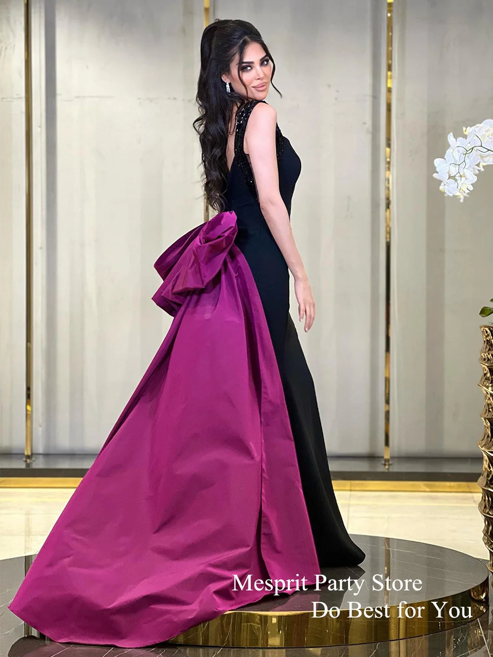 Sexy Black Prom Dress with Purple Satin Train Square Neck Sleeveless Beading Slit Sweep Train Backless Saudi Arab Evening Gown