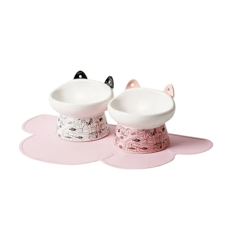 Cat bowl high-footed ceramic anti-knock protection cervical spine double food bowl pet supplies cat and dog drinking food bowl