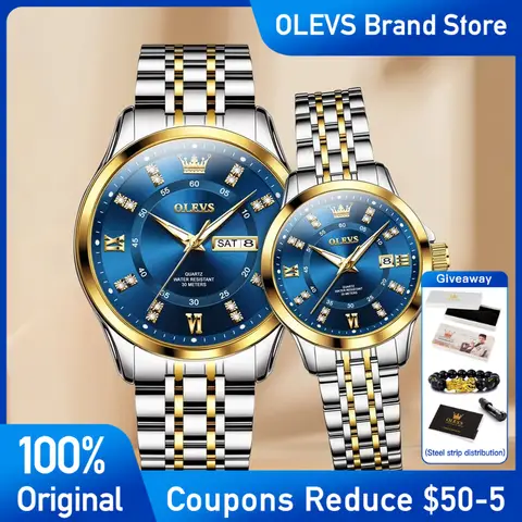 OLEVS 3620 커플 시계 명품 브랜드 오리지널 쿼츠 남녀 손목시계 방수 야광 더블 캘린더 레로즈
