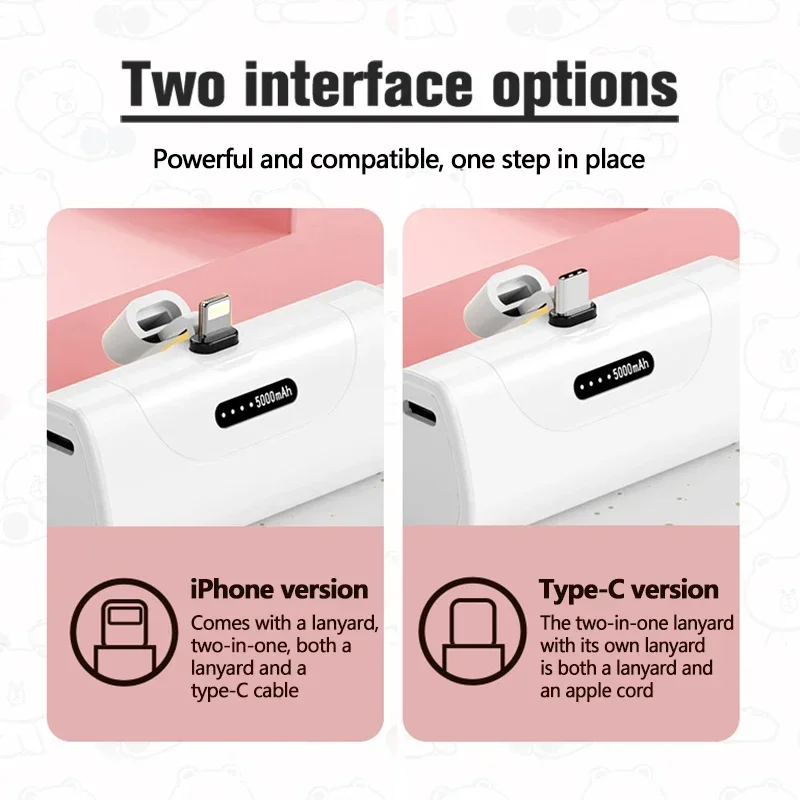 Cartoon Power Bank 5000mAh Built in Cable Mini PowerBank External Battery Portable Charger For iPhone Xiaomi Spare Power Banks