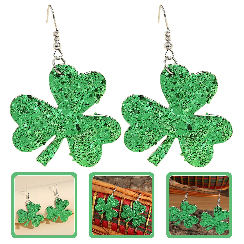 1Pair Green Shimmer Clover Earrings Women Shamrock Dangle Earrings St Patrick Day Costume Accessories Irish Festival Outfit