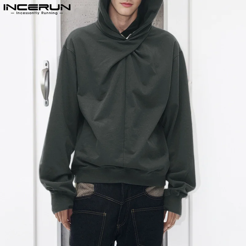 INCERUN Deconstruction Solid Color Hooded Sweatshirts 2024 Men Casual Long Sleeve Pullovers Autumn Casual Fashion Loose Jumpers