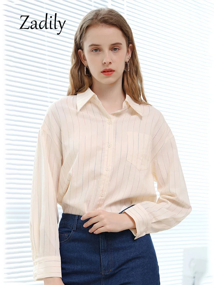 Zadily 2024 Spring Office Lady Long Sleeve Women Basic Striped Shirt Minimalist Button Up Ladies Work Shirts Female Blouse Tops