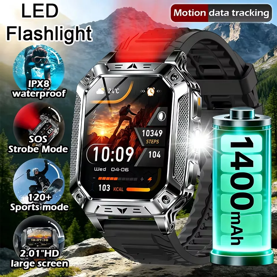 

Military-Grade 1400mAh Large Capacity Battery Smart Watch Outdoor SOS Flashlight IP68 Waterproof Voice Call Sports Fitness Watch