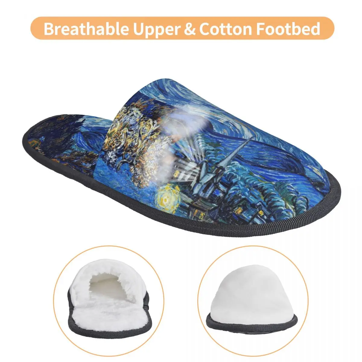 Custom Starry Night Van Gogh House Slippers Women Comfy Memory Foam Slip On Bedroom Slipper Shoes