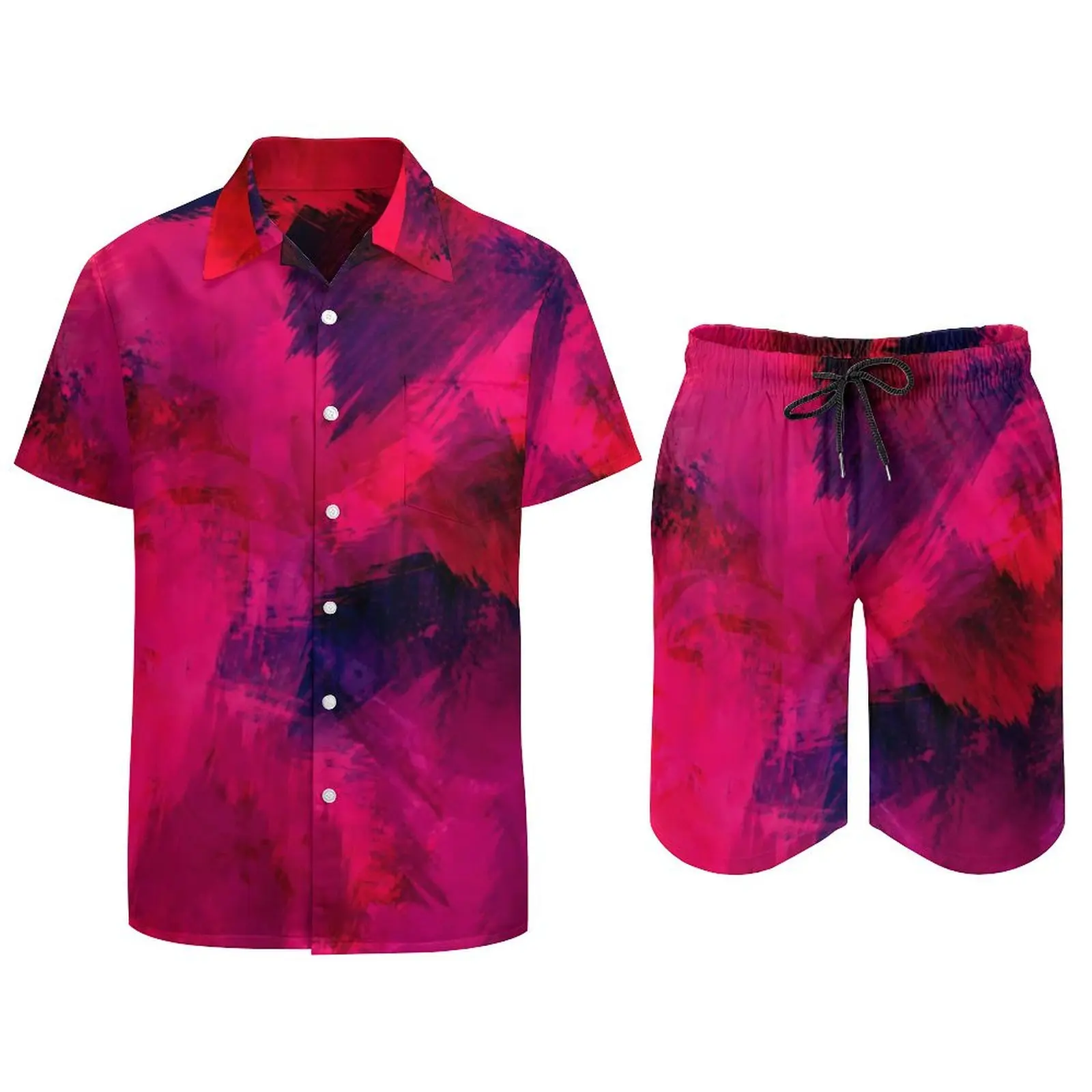 Abstract Brush Men Sets Red and Purple Casual Shorts Vacation Shirt Set Summer Aesthetic Suit Short-Sleeve Big Size Clothing