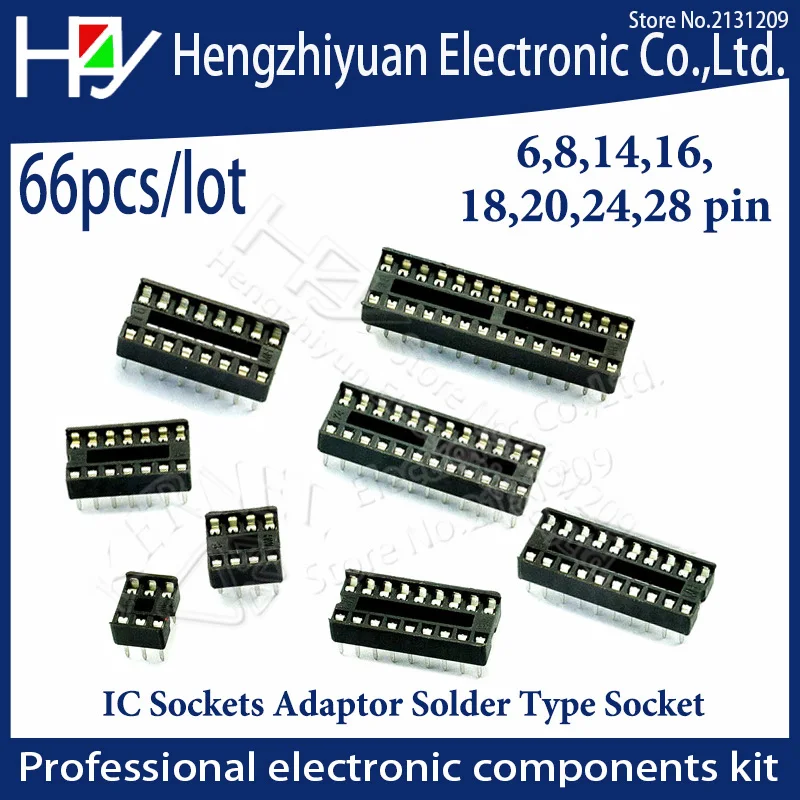 

Hzy 66pcs/lot Sockets Adaptor Solder Type Socket Kit 6,8,14,16,18,20,24,28 pins, Through Hole Stamped pin Open Frame Dip Socket