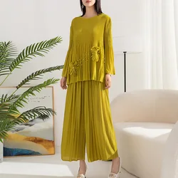 Miyake Style Pleated Fashion Loose Outfit Women's Spring and Autumn New Bell Sleeve Top High Waist Wide Leg Pants Two-Piece Set